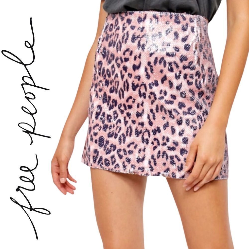 NWT Free People Skinny Sequin Mini Skirt Pink Cheetah